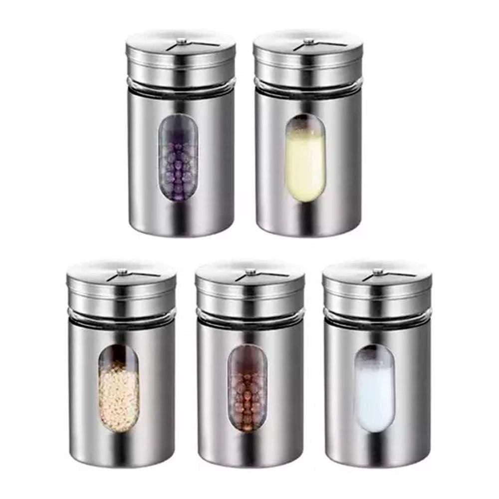 Kit 6 Porta Condimentos Saleiro Inox E Vidro Visor Grande