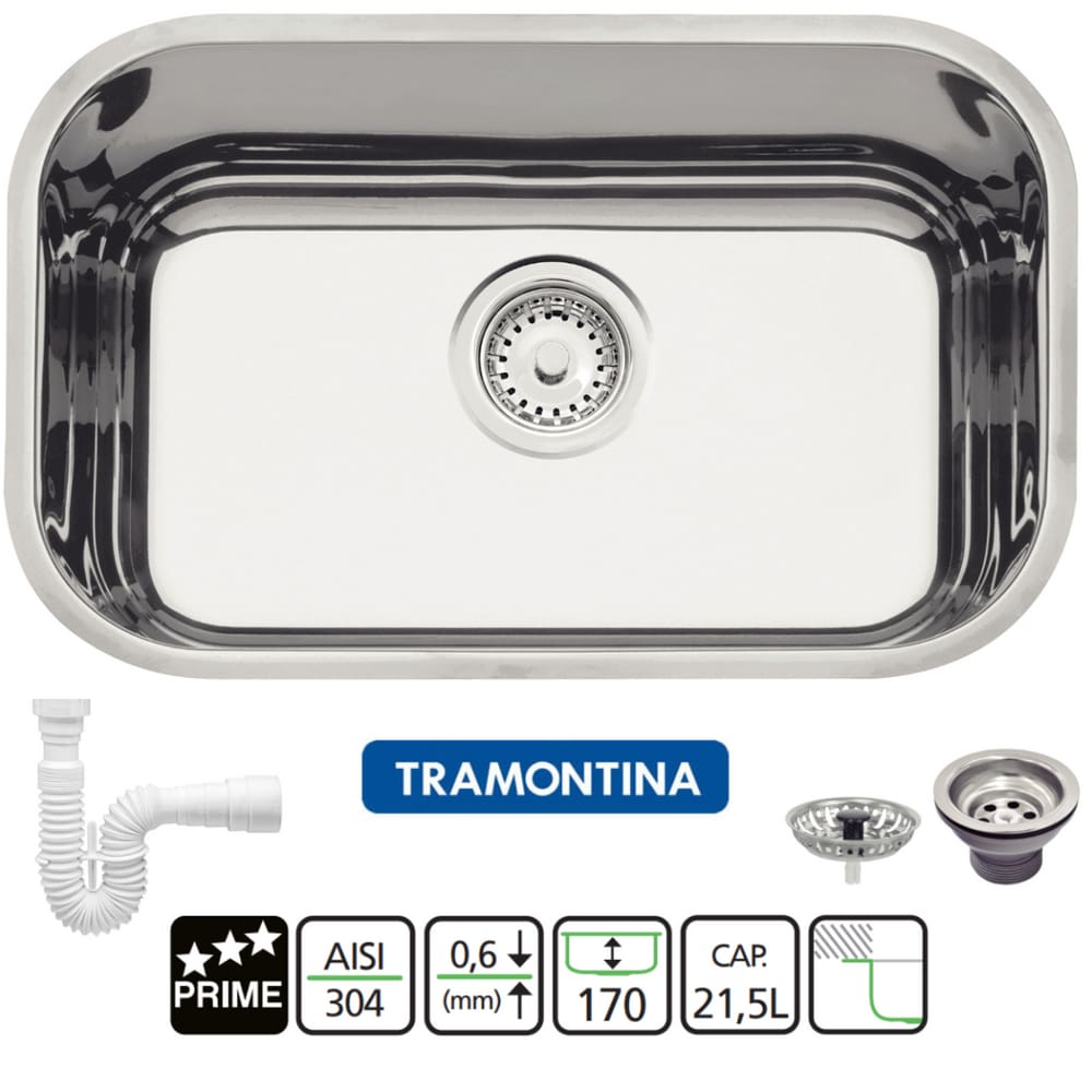 Cuba Inox Lavínia 47Bl Tramontina Numero 1 Com Válvula 3.1/2 Alto Brilho 47X30x17