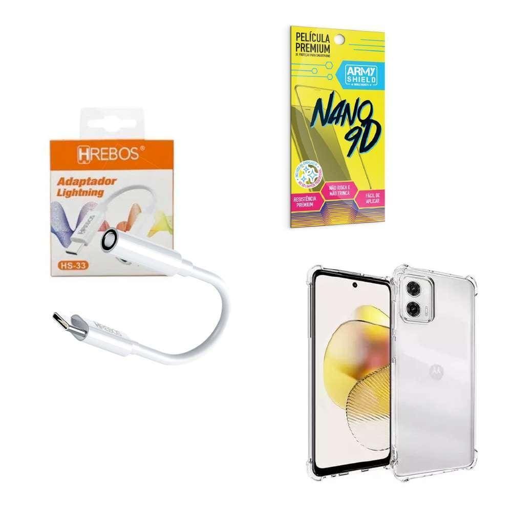 Capinha Moto G73 + Adaptador Tipo C Fone P2 + Película 9D