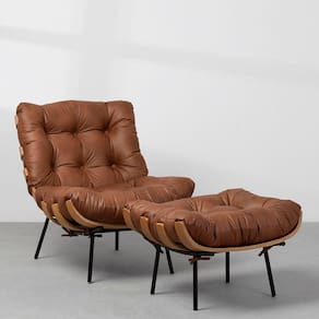 Poltrona Costela com Puff Couro Natural - Caramelo