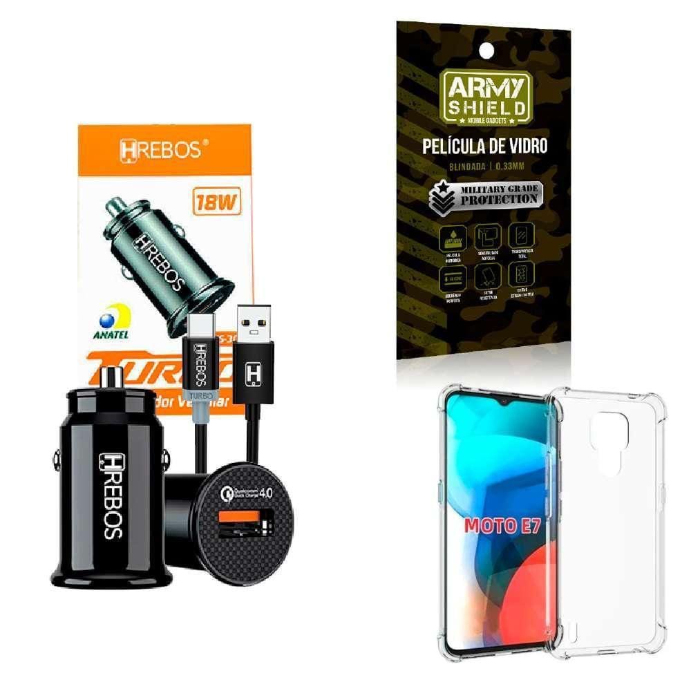 Kit Carregador Veicular + Capinha Motorola E7 + Película 3D