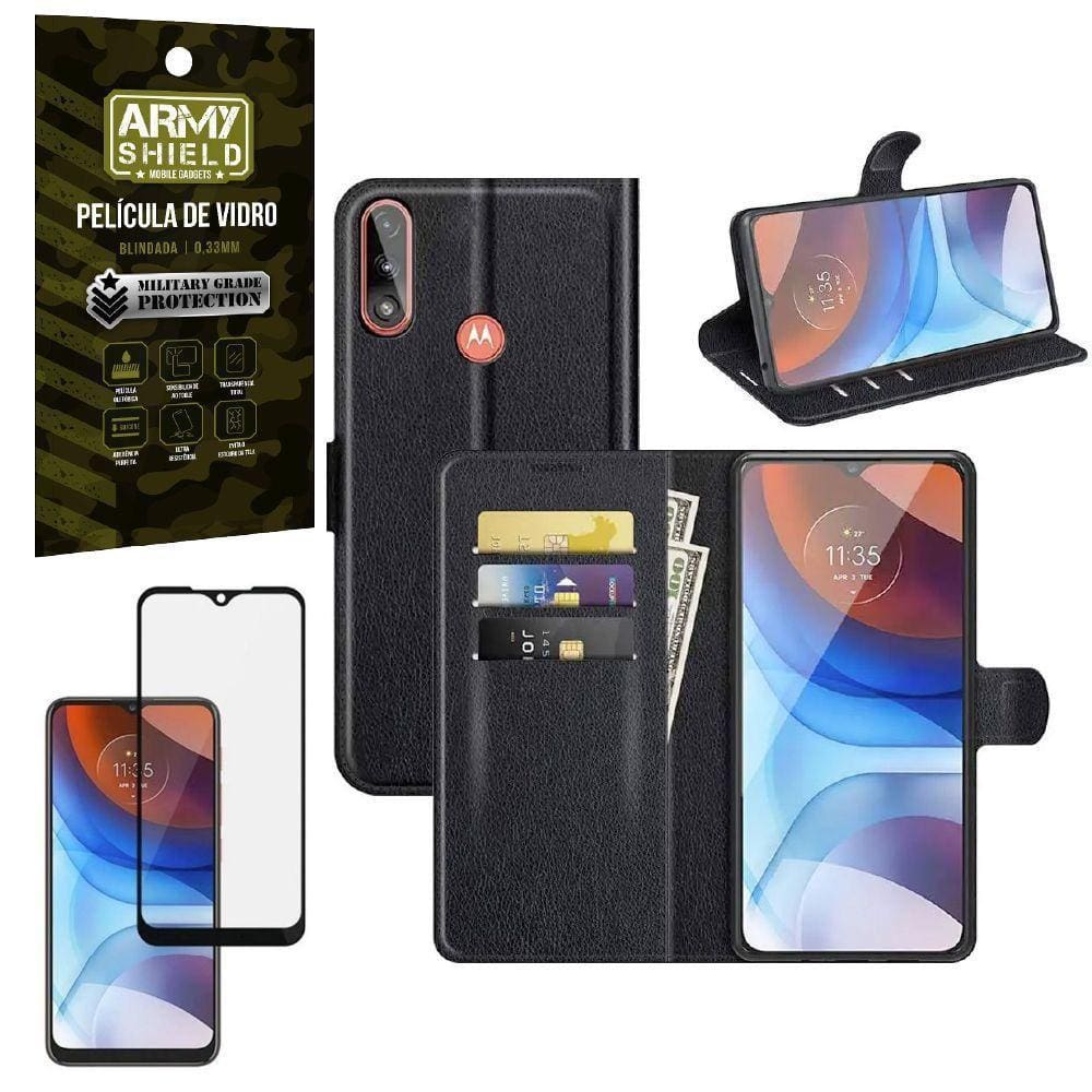 Kit Capa Carteira Moto E7 Power + Película Vidro 3D