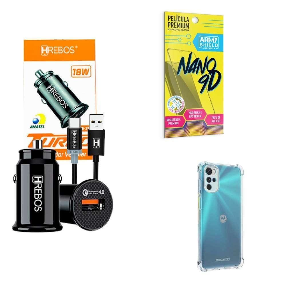 Kit Carregador Veicular + Capinha Motorola G22 + Película 9D