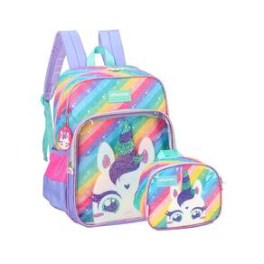 Kit Escolar Unicórnio Luxo Lilás Mochila Costas + Lancheira