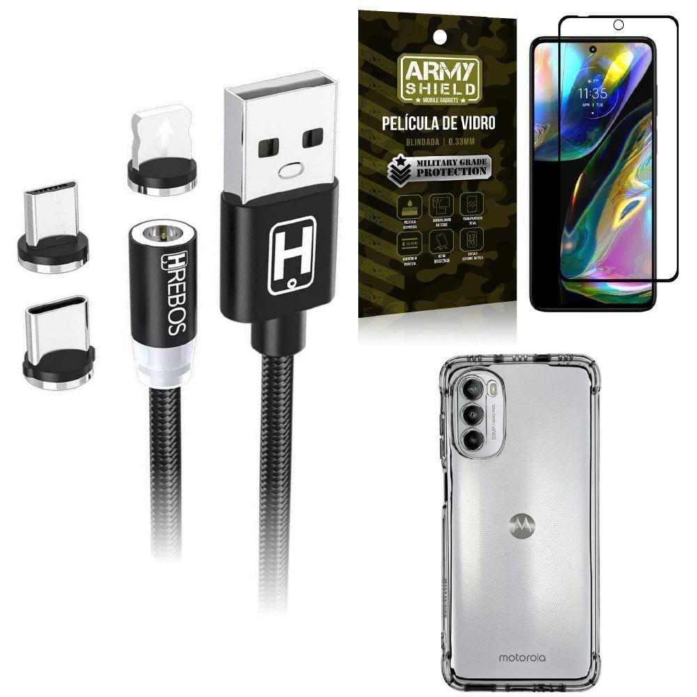 Capinha Moto G82 + Cabo Magnético 2 Metros + Película 3D