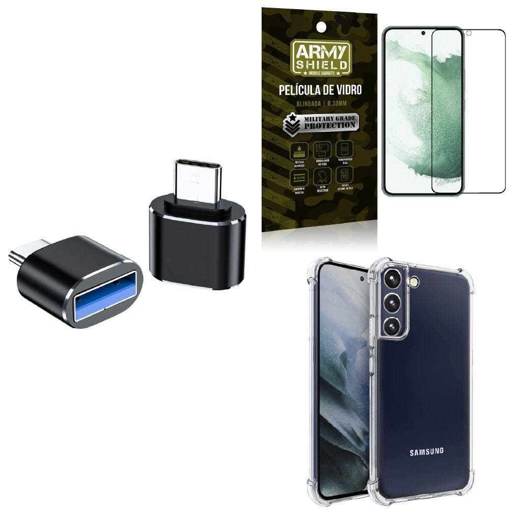 Capa Samsung S22 + Adaptador Otg Tipo C/Usb + Película 3D