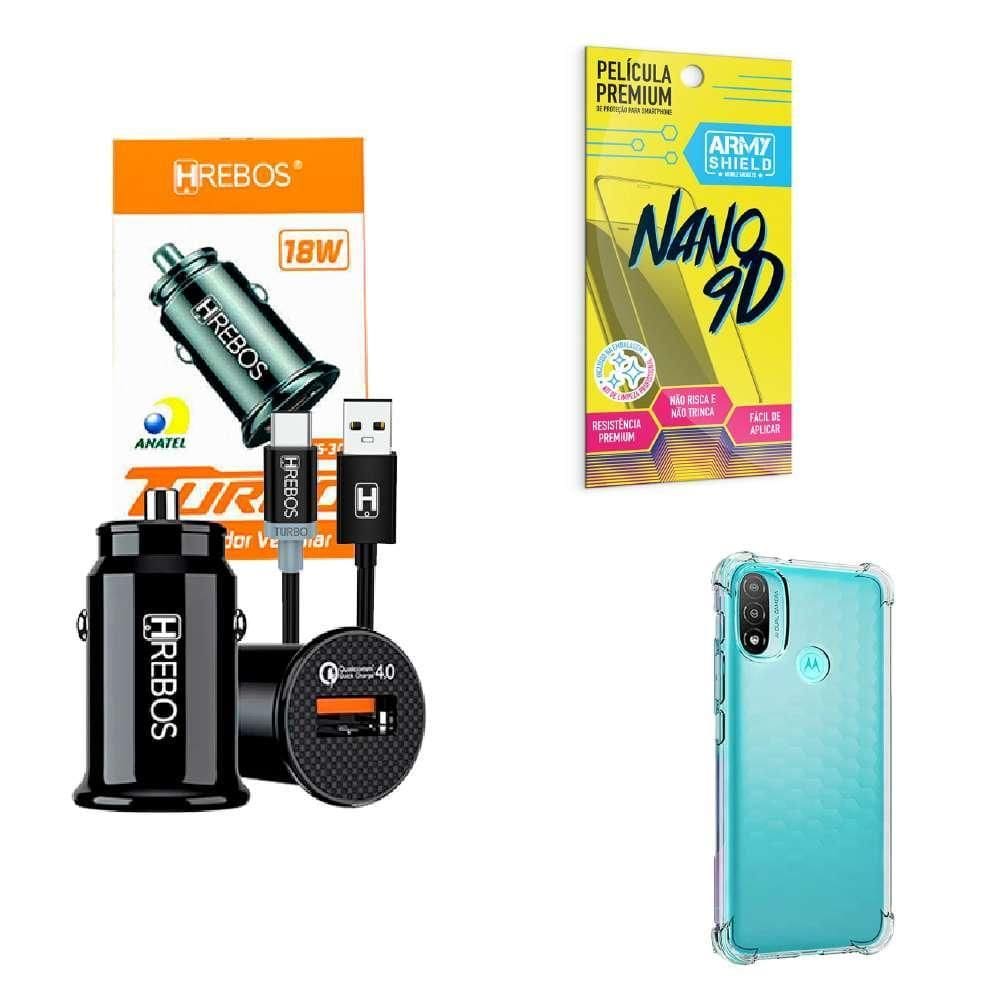 Kit Carregador Veicular + Capinha Motorola E20 + Película 9D