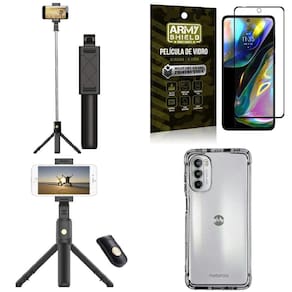 Capinha Moto G82 +Mini Tripé Selfie Bluetooth +Película 3D