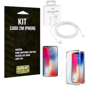 Kit Cabo 2M Para Iphon Xs+Capa Anti Shock+Película Vidro