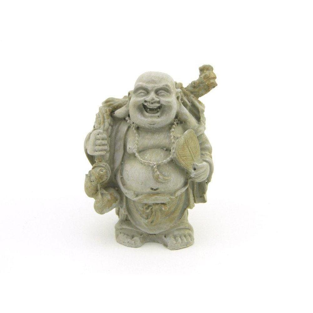 Estátua Buda Rindo Com Saco Cor Cimento Resina 9 Cm