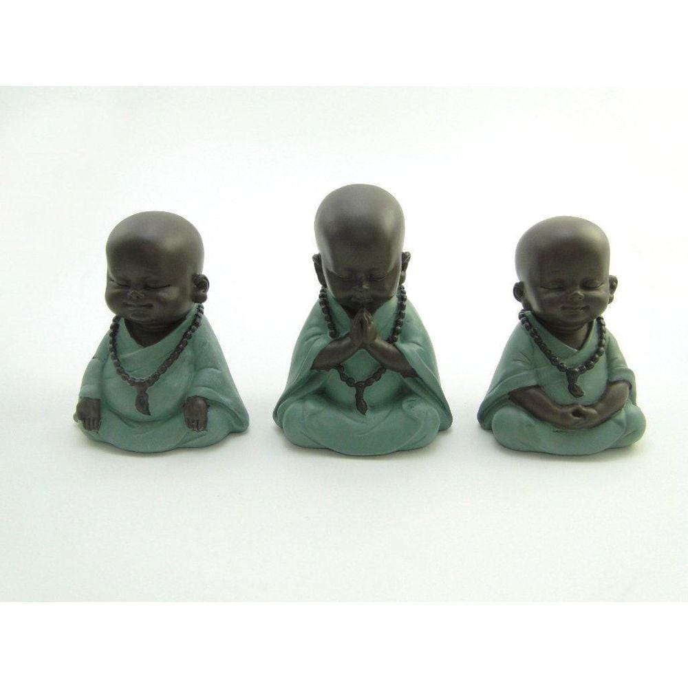 Estátua Trio Buda Mudra Preto E Verde Resina 12 Cm