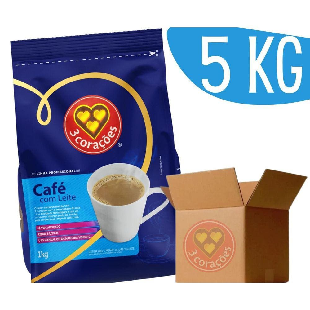 Café Com Leite Soluvel 3 Corações Instantâneo Vending 5X 1Kg