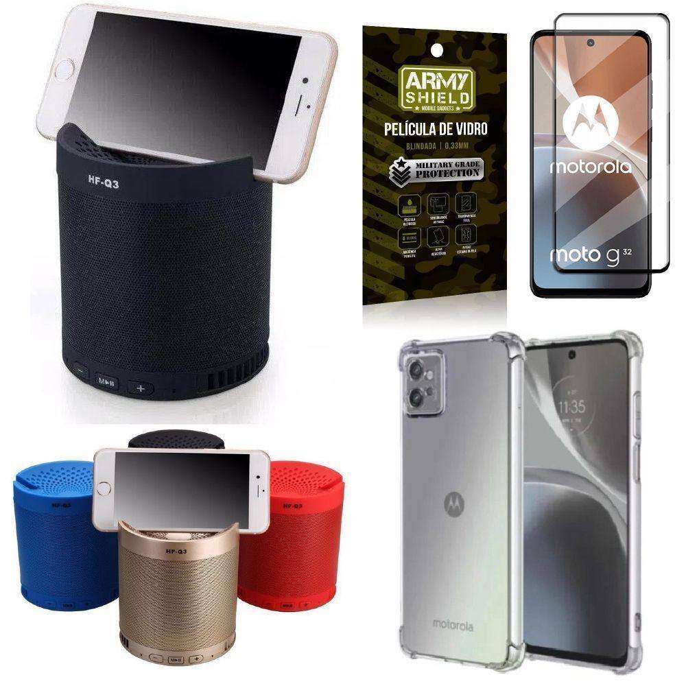 Capinha Moto G32 + Caixa De Som Q3 + Película De Vidro 3D