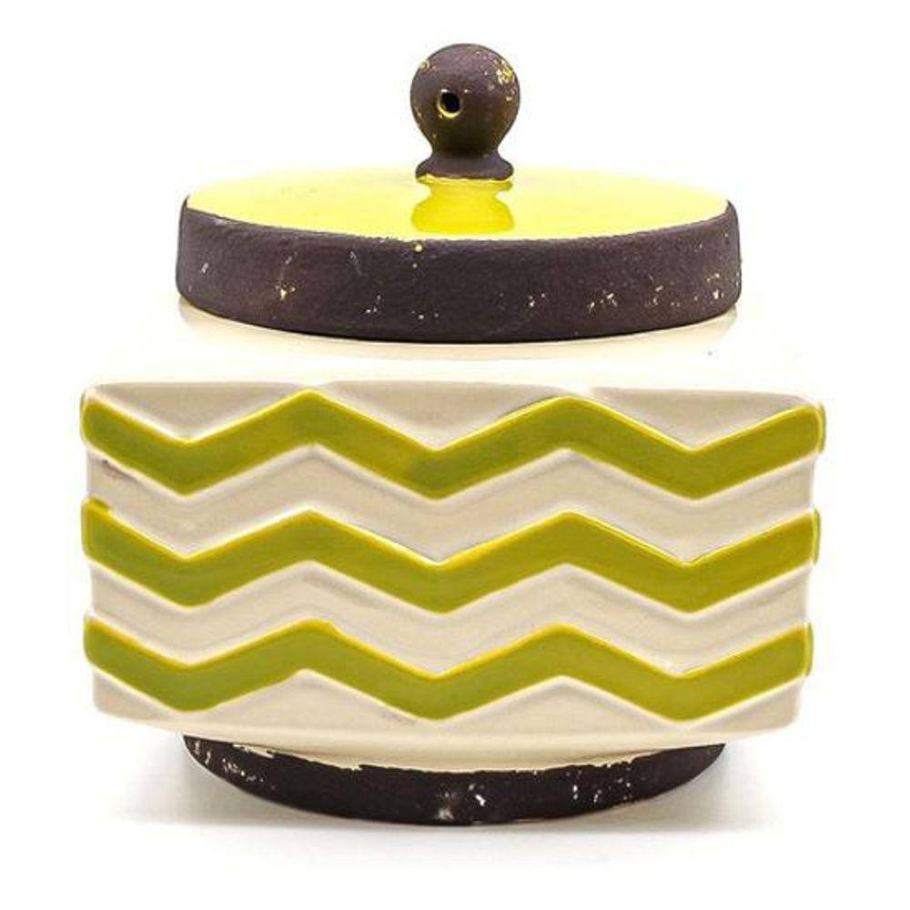 Pote Jarro Decorativo Cerâmica Tampa Amarelo Listras 21 X 15