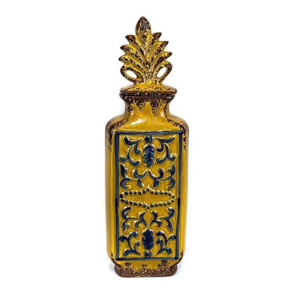 Vaso Decorativo Tampa Cerâmica Amarelo Ouro Retrô 46X14