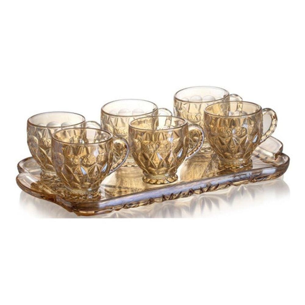Jogo Xícaras Café Chá 200Ml 6 Pçs Bandeja Vidro Champagne