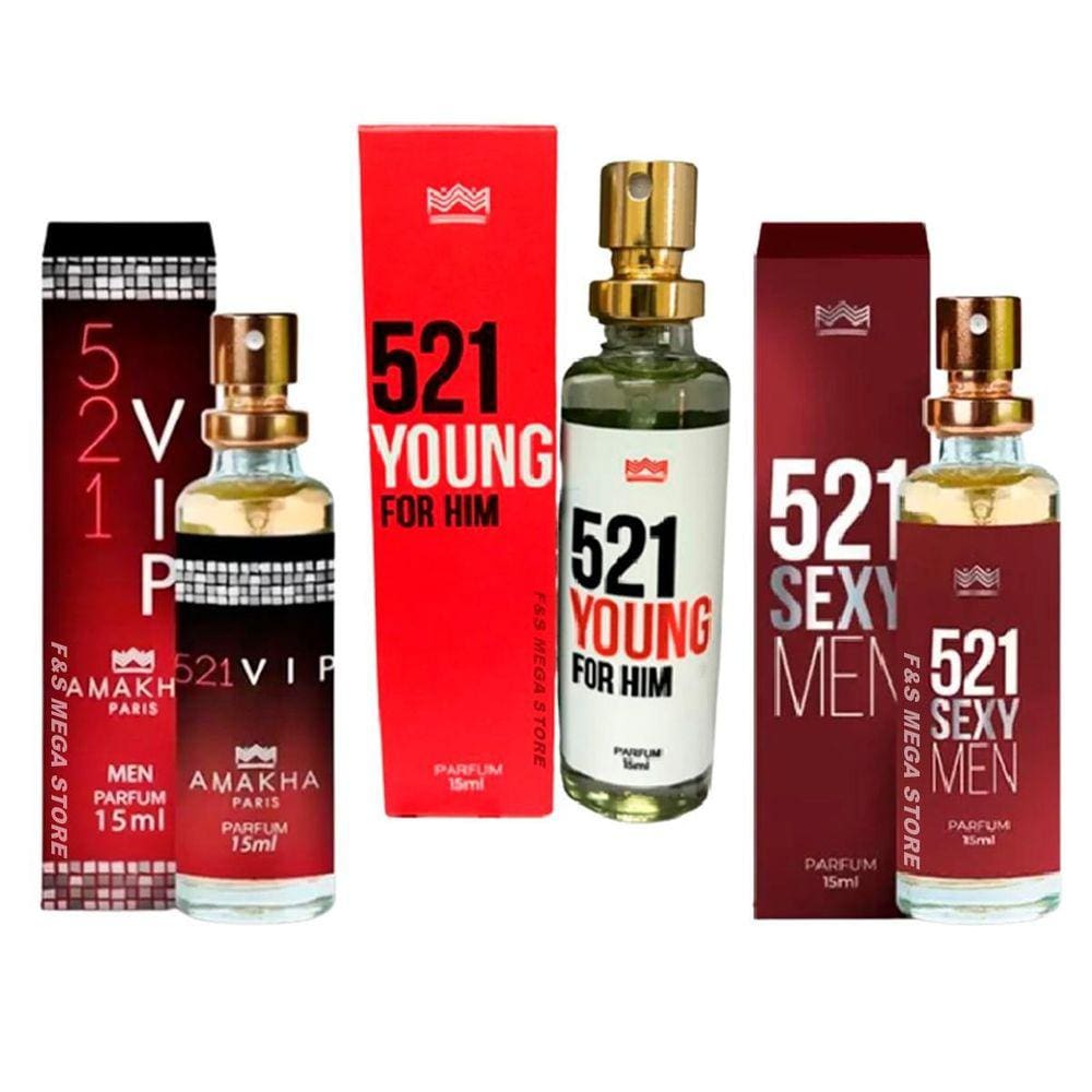 Kit 3 Perfume Masculino 521 Vip Men Young Him Sexy Amakha