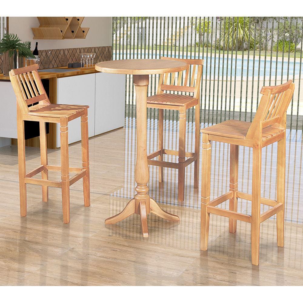 Conjunto Bistrô Mesa Madeira Maciça com 3 Banquetas Confort Ripada Natural