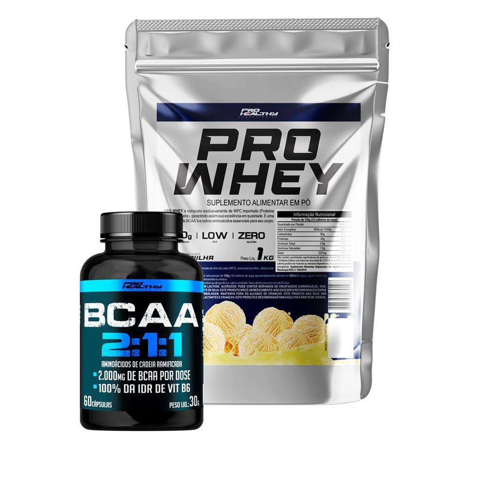 Whey Protein Concentrado Refil 1Kg + Bcaa 2:1:1 2000mg - Pote 60 Cápsulas - Pro Healthy
