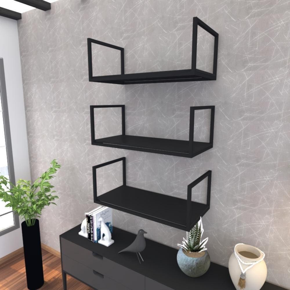 Kit Com 3 Prateleira Industrial Suspensa Parede Nicho Preta Cozinha Escritorio Sala Quarto Infantil