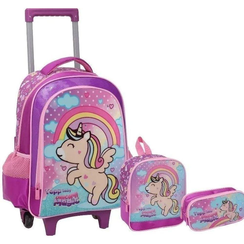 Kit Mochila Unicórnio Infantil Feminina Escolar Rodinhas Yep