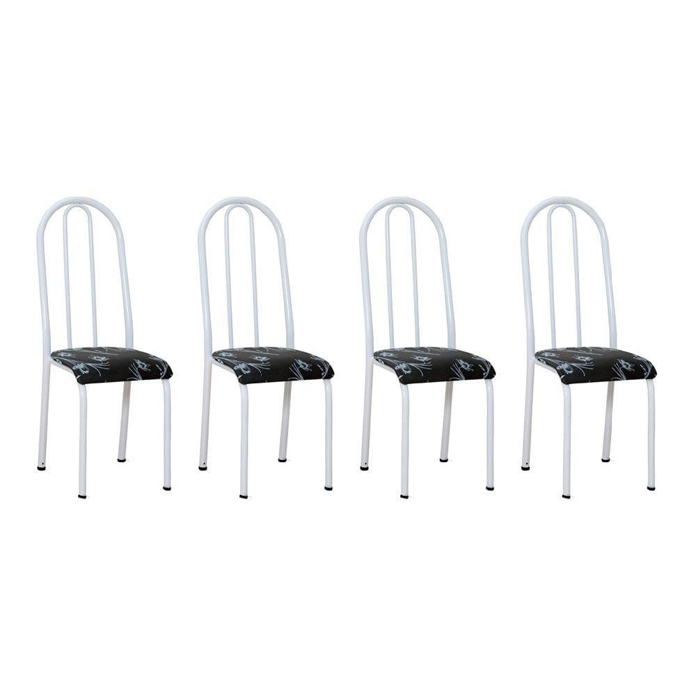 Kit 4 Cadeiras de Cozinha Flórida Estampado Preto Florido Pés de Ferro Branco - Pallazio