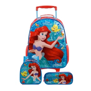 Kit Mochila Rodinhas Lancheira Estojo Pequena Sereia Disney