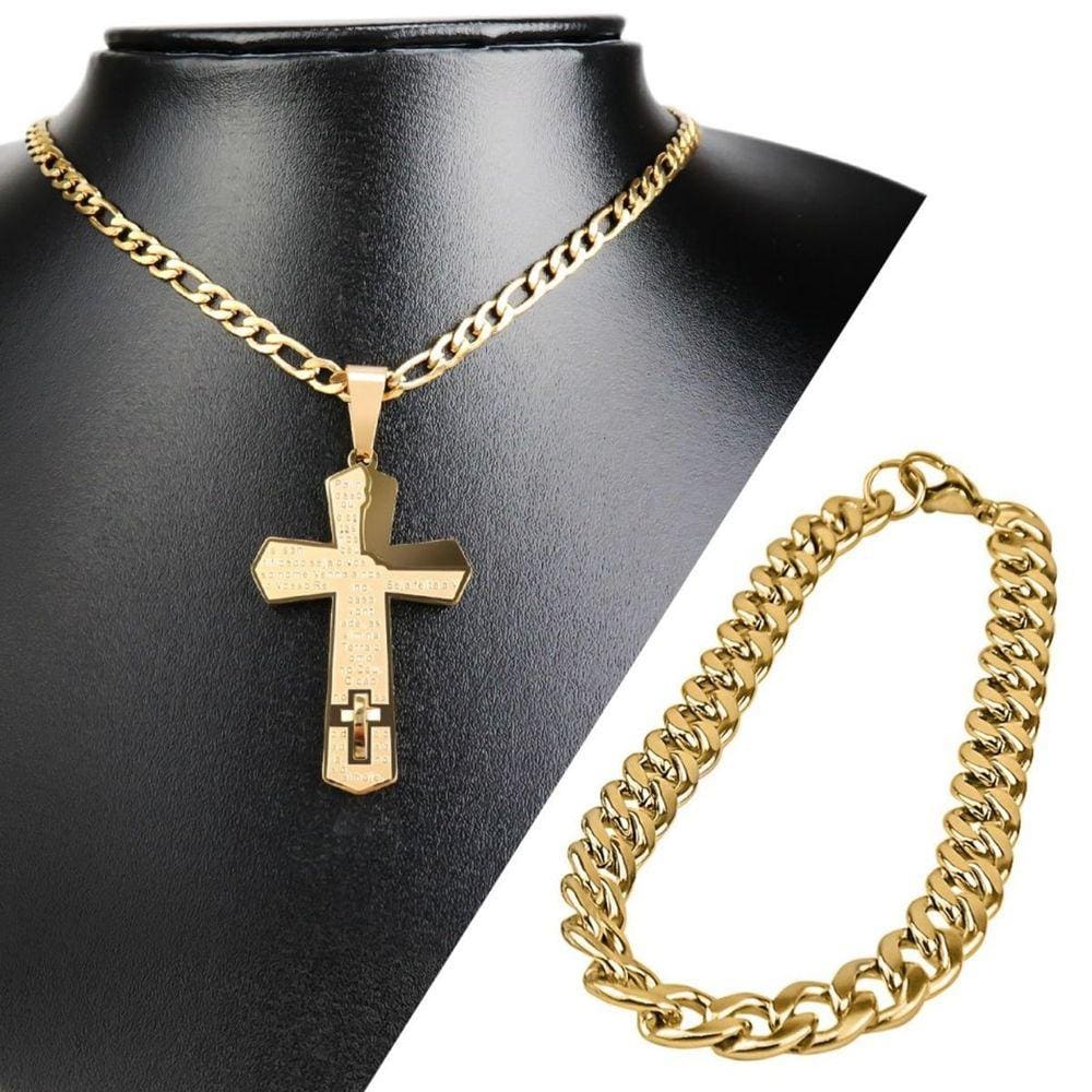 Cordão aço banhado ouro + pulseira + pingente cruz pai nosso