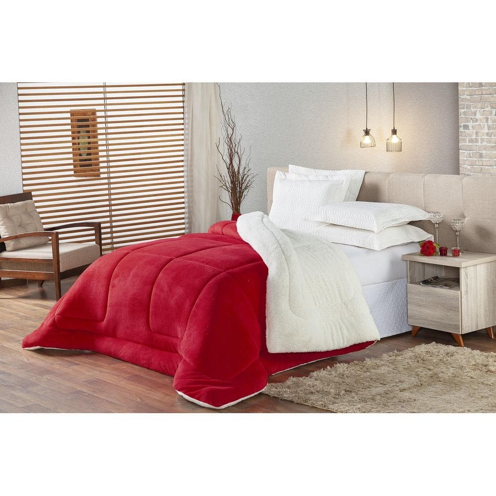 Coberdrom Sherpa E Manta Soft Felpuda Queen - Vermelho