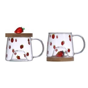 Caneca Lyor Morango De Vidro Com Pires De Bambu 350Ml