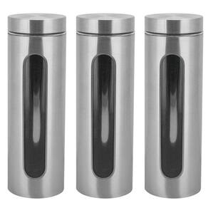 Kit 3 Potes Para Mantimentos Inox E Vidro Com Visor 1750Ml