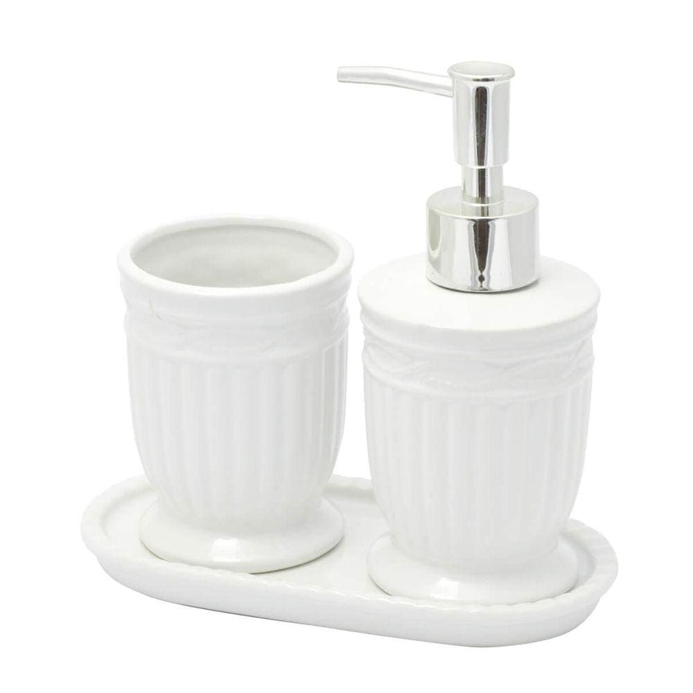 Kit Banheiro Lavabo Branco Com Dispenser 3 Peças 4617 Prata