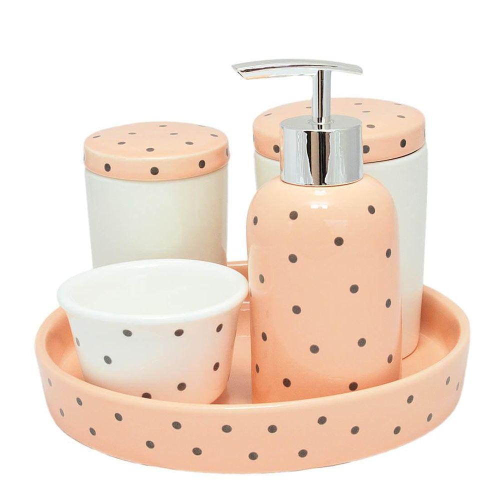Kit Higiene Porcelana Bebe Infantil Nuvem Bandeja Salmão