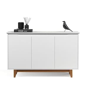 Aparador Buffet Sala Flow Com 3 Portas Pés Madeira Maciça Branco Branco