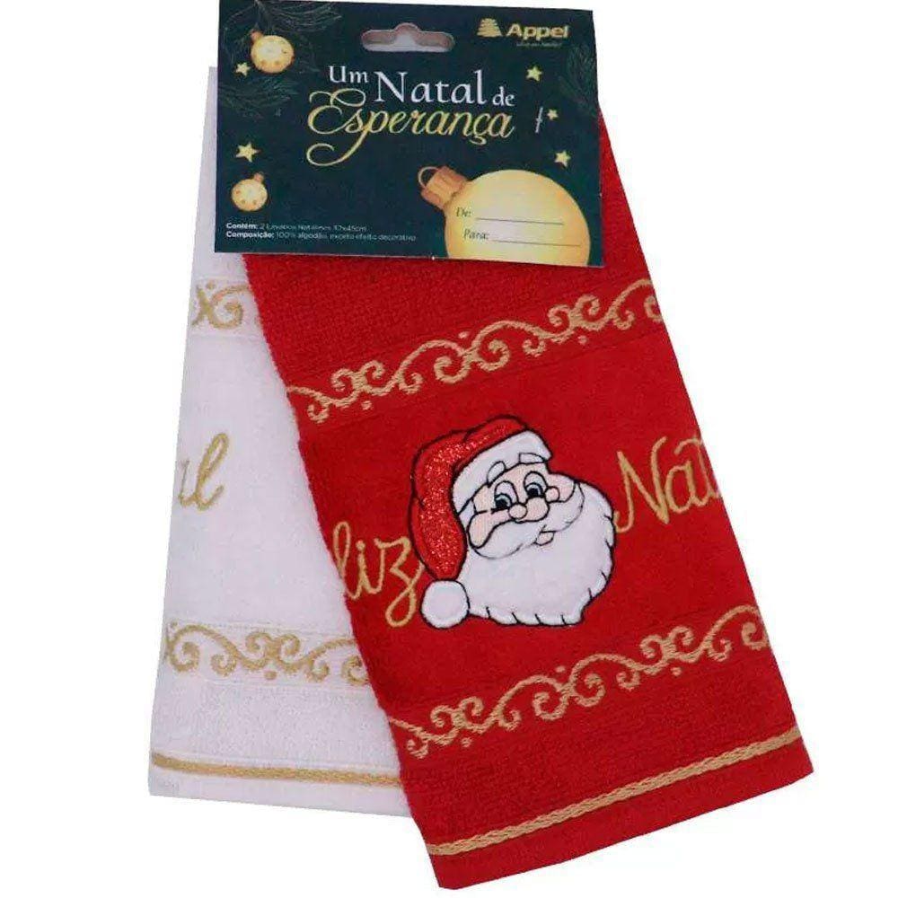 Kit 2 Toalhas de Lavabo Appel Bordado Papai Noel Branco / Vermelho
