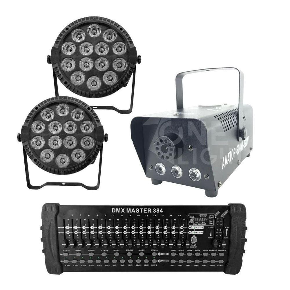 Kit 2 Par Led Slim + Máquina De Fumaça 600W + Mesa Dmx 384
