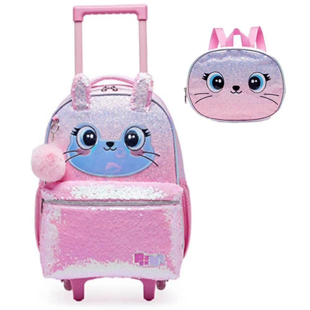 Kit Mochila de Rodinhas e Lancheira Pack Me Cute Rosa
