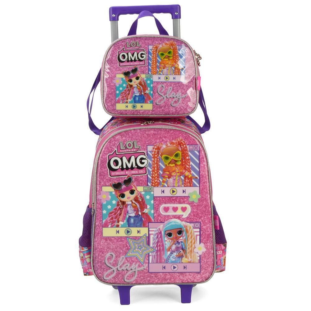 Kit Mochila Rodinhas Lancheira Luxcel Lol OMG Rosa