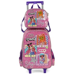 Kit Mochila Rodinhas Lancheira Luxcel Lol OMG Rosa