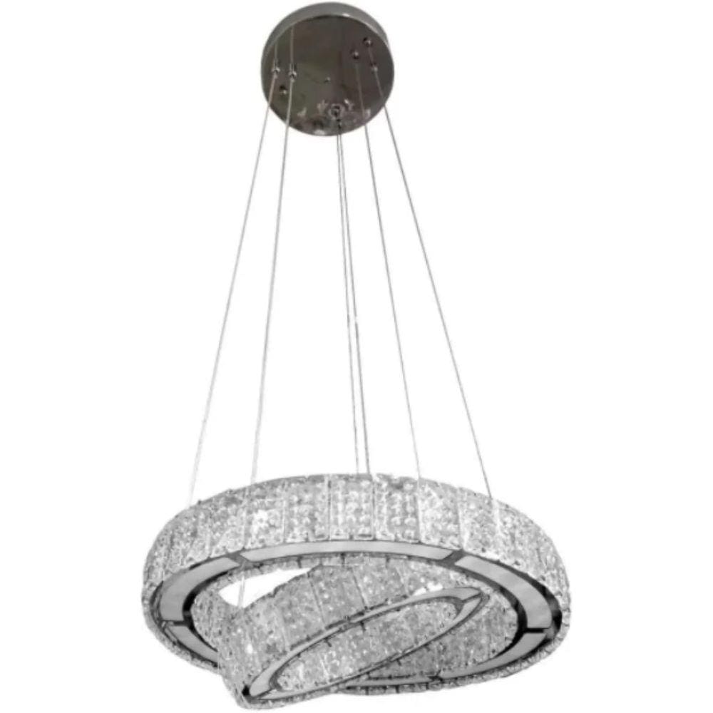 Pendente 2 Anéis Cristais Cromado 37cm Led 45W 3 em 1 Bivolt