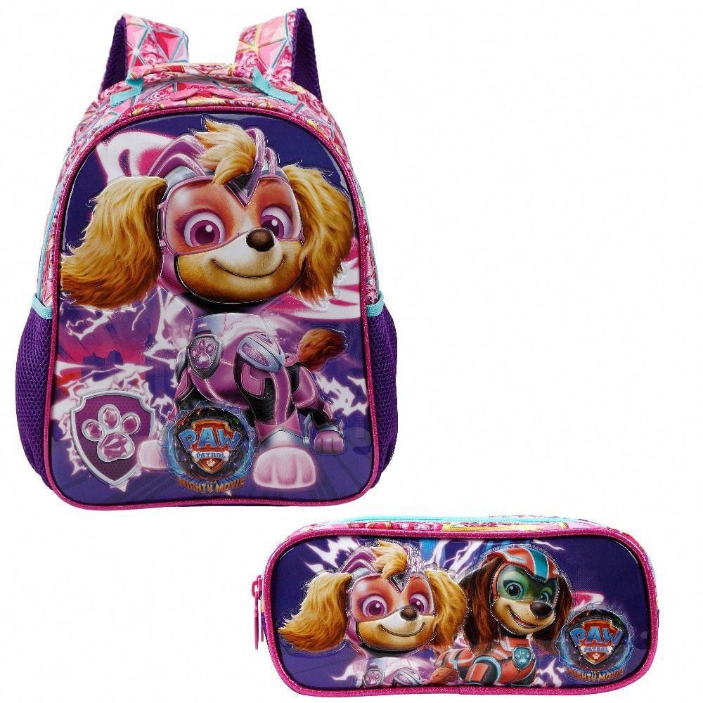 Kit Mochila de Costas Paw Patrol Patrulha Canina Fillme Skye Rosa + Estojo Duplo Patrulha Canina Xeryu`s