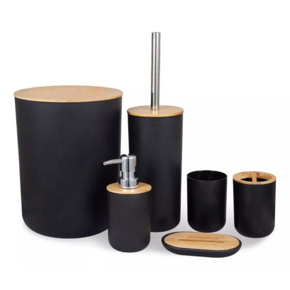 Kit Banheiro Bambu Lixeira Saboneteira 6 Peça Preto Plasvale