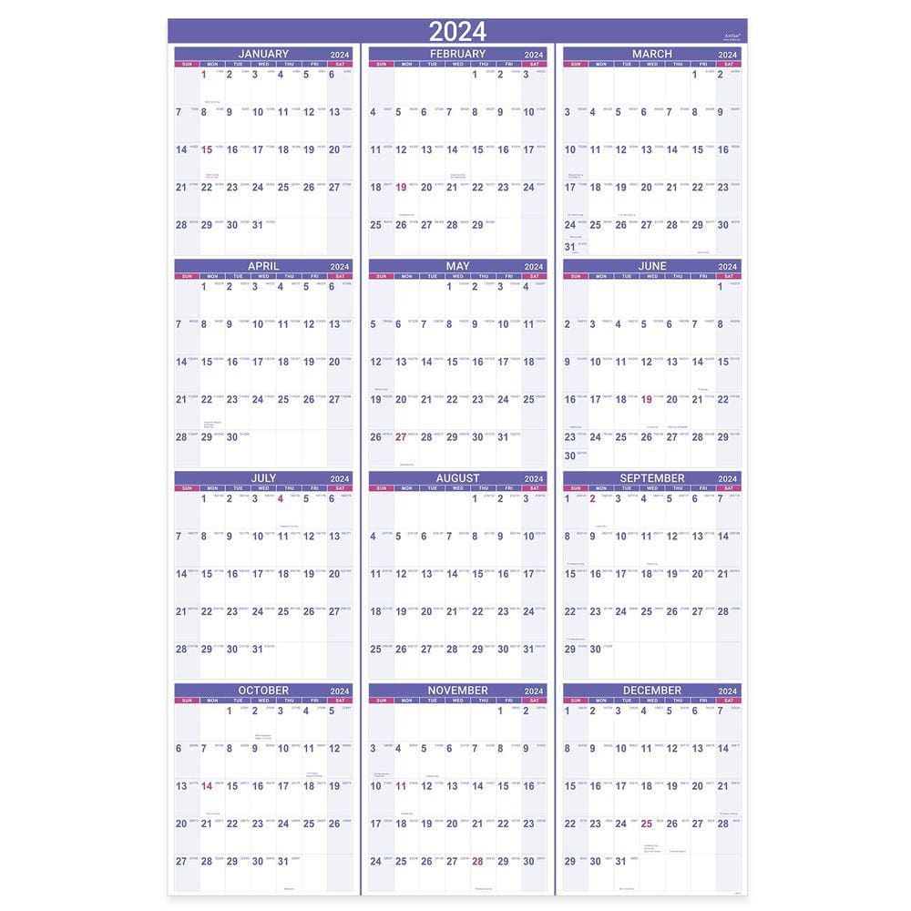 Calendário de parede anual Artfan 2024 com data juliana 34,8 x 22,8 cm