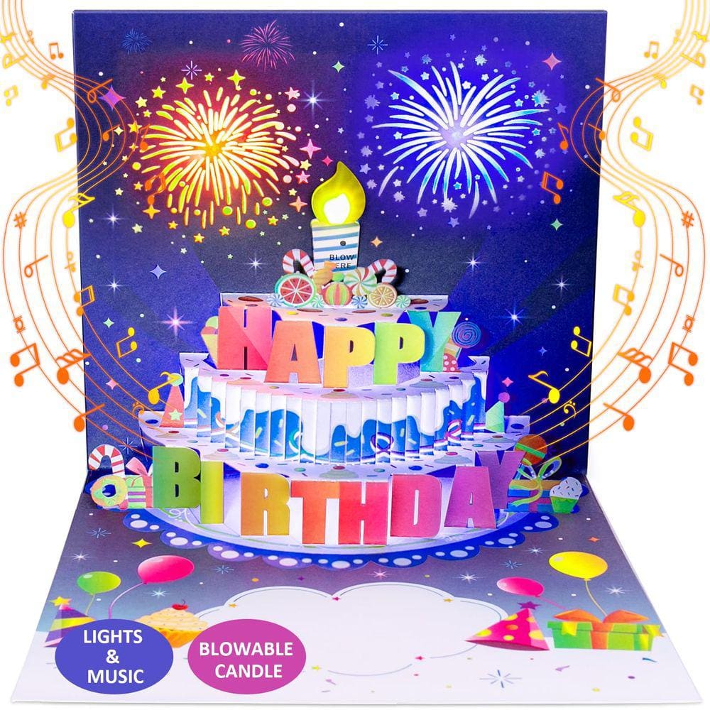Cartão de aniversário INFHER Fireworks Pop Up Cake com luz e música