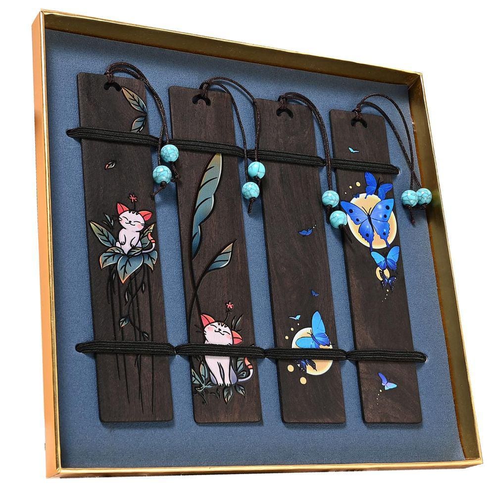 Marcador ZQZYMXQ Butterfly Cat Wood Marcadores para mulheres x4