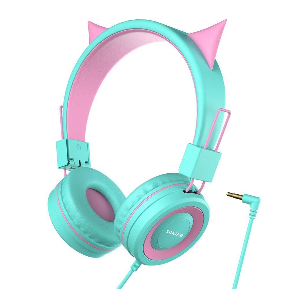 Fones de ouvido SIMJAR Cat Ear Kids para escola com fio verde