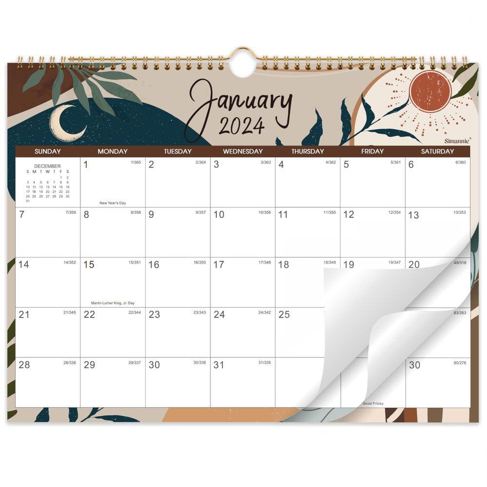 Calendário de parede Simannie 2024 JAN - DEZ 14,5 x 11 polegadas