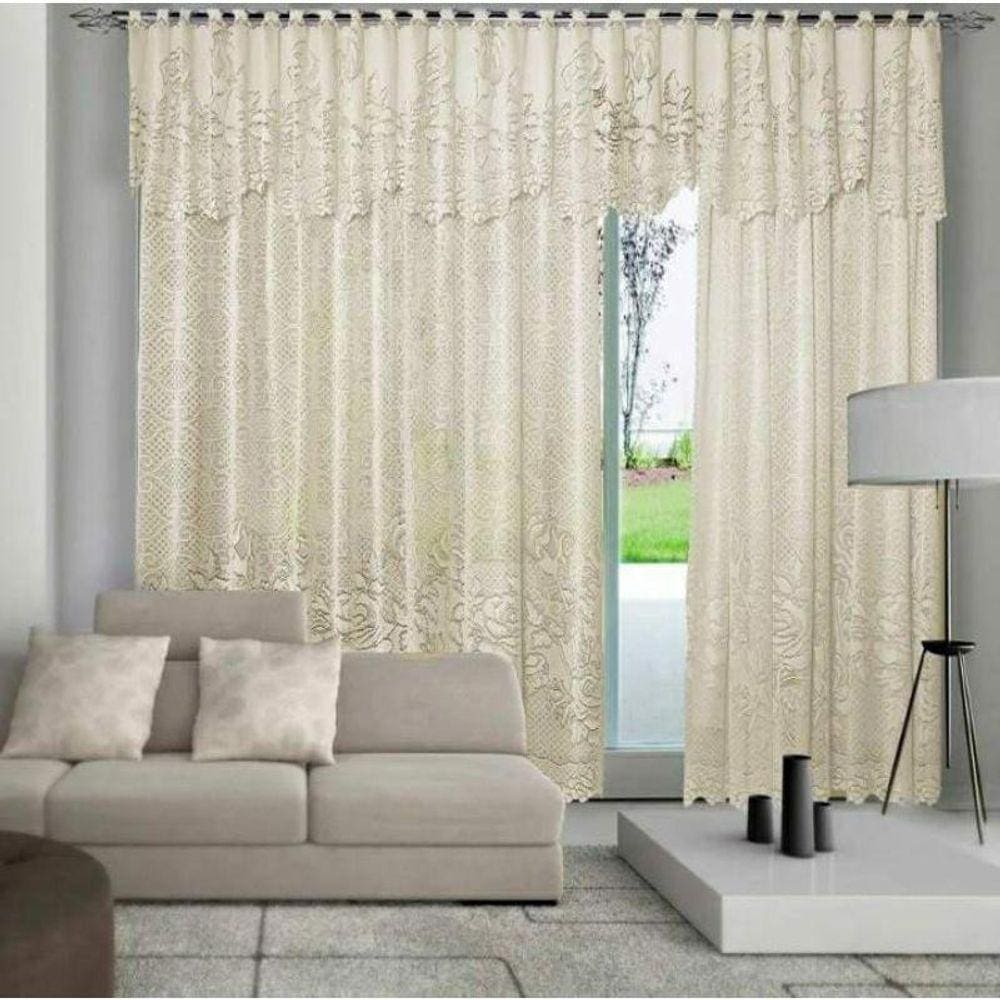 Cortina Renda Roseiral Sala Marfim 3,50X 2,20Alt Com Bando