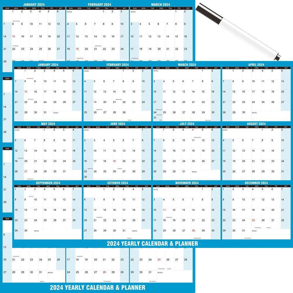 Calendário de parede Aiotvei 2024 Wet & Dry Erase 48x32cm azul
