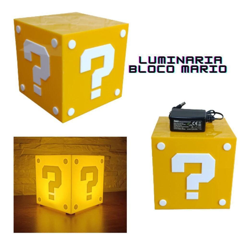 Luminaria Abajur De Mesa Amarelo Branco Mario Bros Grande